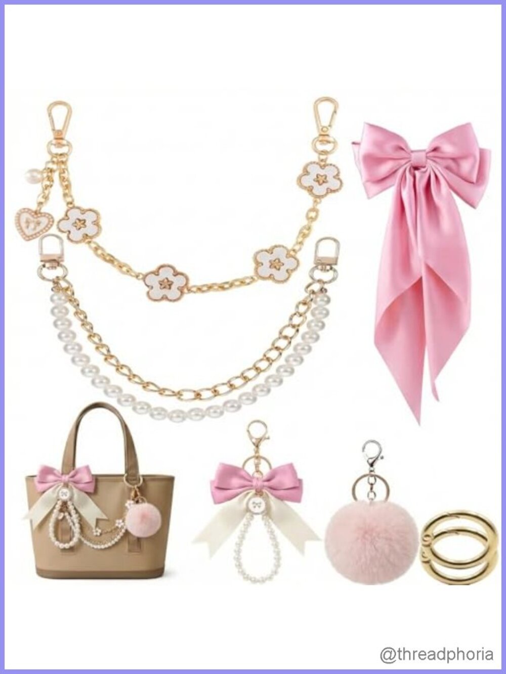 7Pc Satin Bow Pompom Pearl Bag Charm Set Tote Keychain